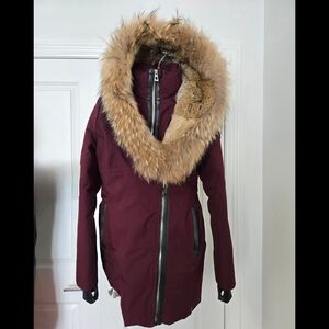 RUDSAK Burgundy Puffer Coat with Fur Trim. Comes with Branded Garment Bag